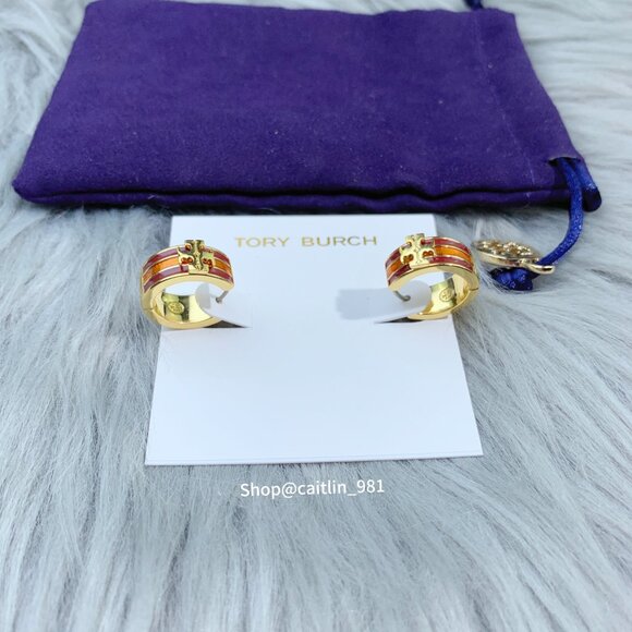 Tory Burch Kira Enamel Huggie Hoop Earring Shiny Hematite - Picture 3 of 6